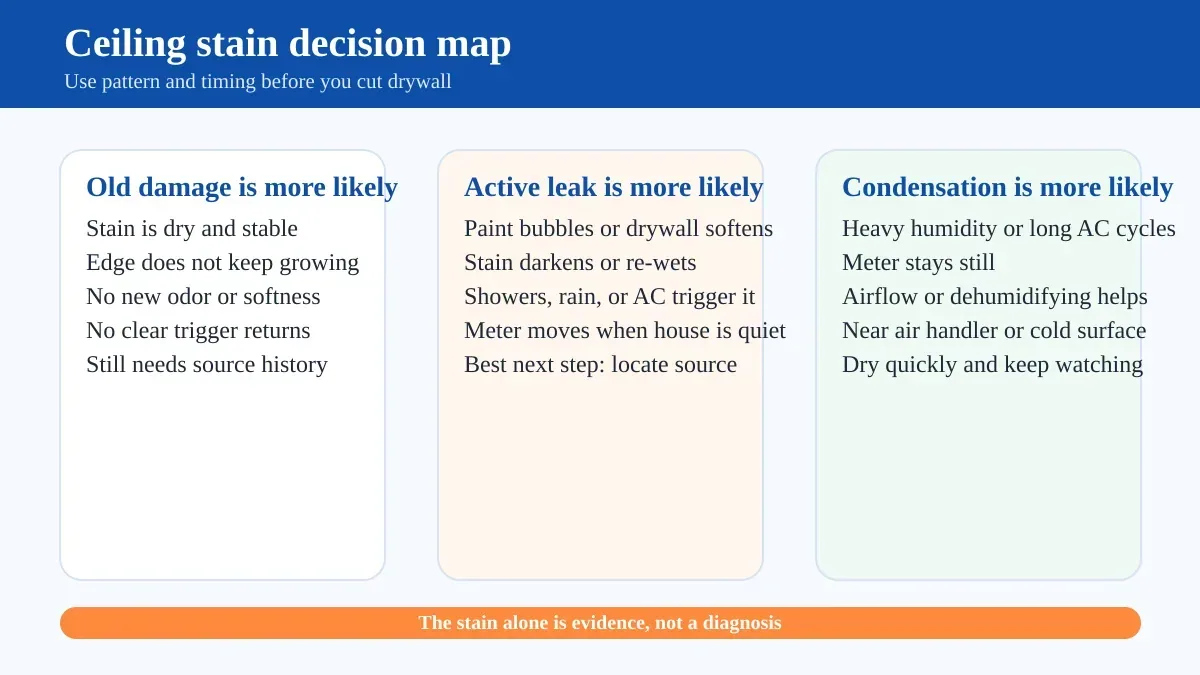Decision graphic showing how a ceiling stain can point toward old damage, an active leak, or condensation based on trigger patterns