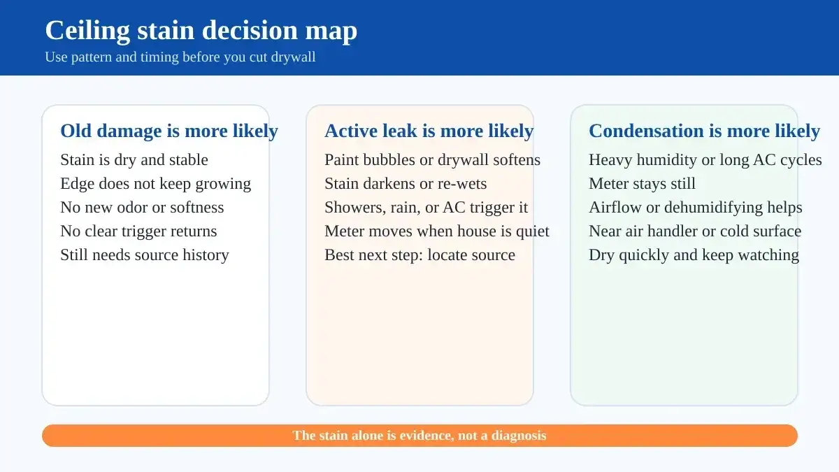 Decision graphic showing how a ceiling stain can point toward old damage, an active leak, or condensation based on trigger patterns