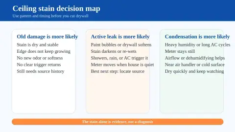 Decision graphic showing how a ceiling stain can point toward old damage, an active leak, or condensation based on trigger patterns