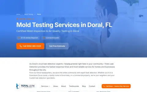 Total Leak Detection Doral mold testing page hero section (reference crop, April 2026)