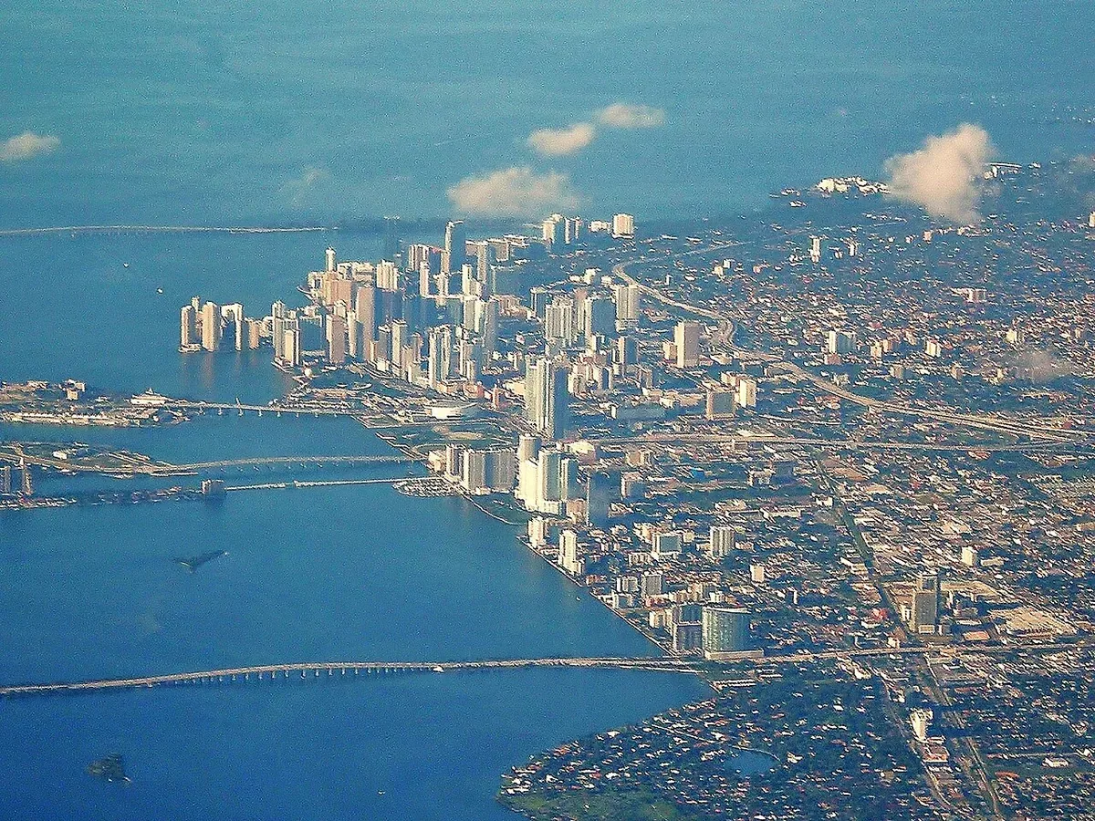 Aerial view of downtown Miami and Biscayne Bay in daylight
