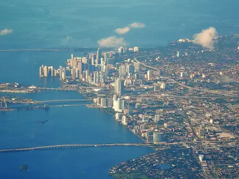 Aerial view of downtown Miami and Biscayne Bay in daylight