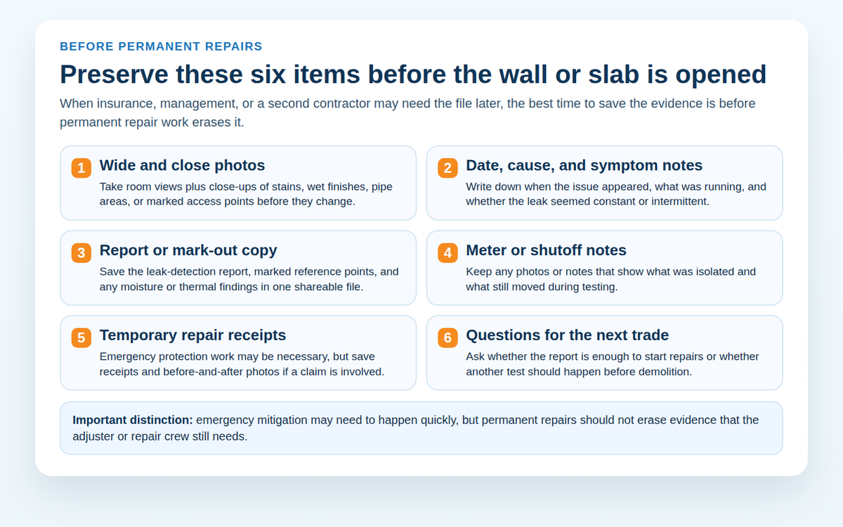 Checklist graphic showing the main photos notes receipts and report items to preserve before permanent repairs begin