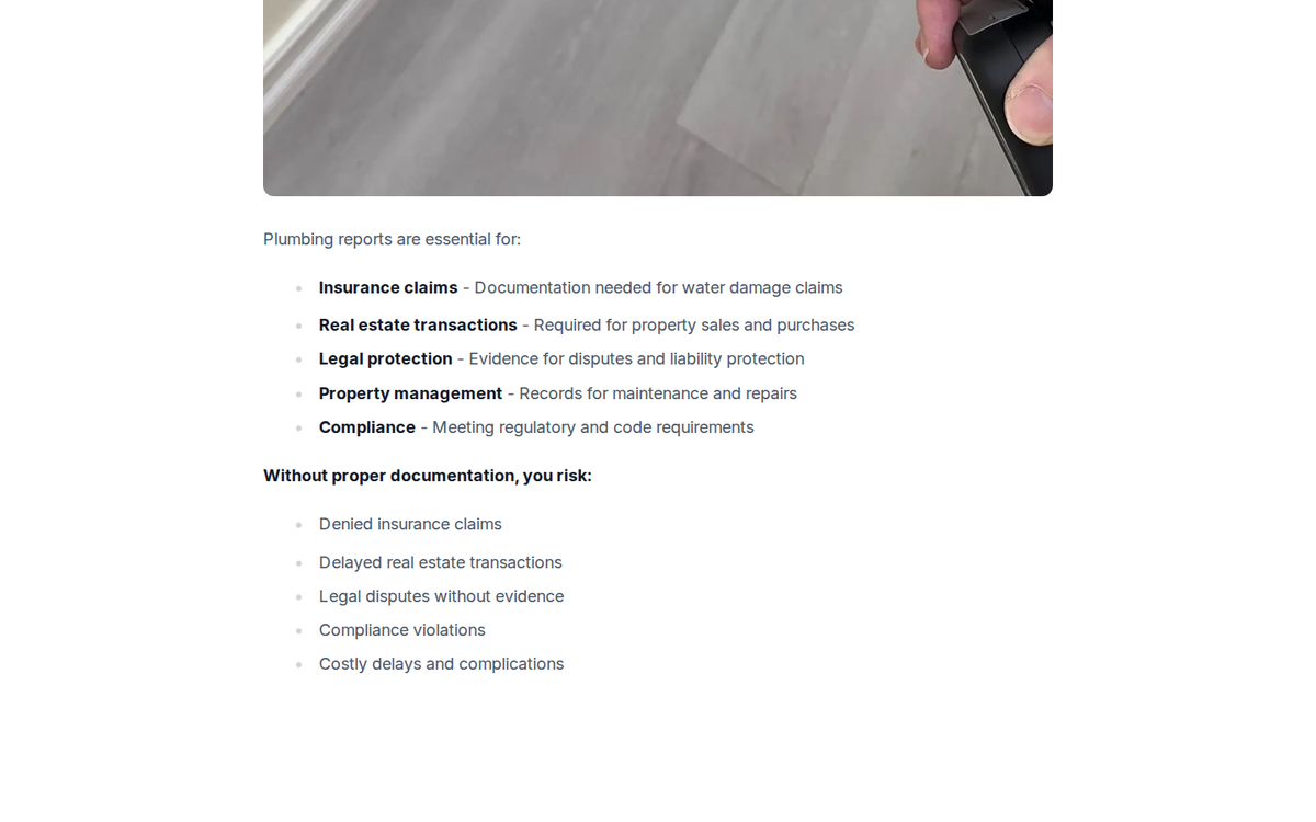 Viewport of Total Leak Detection's plumbing report writing page highlighting report positioning and documented findings