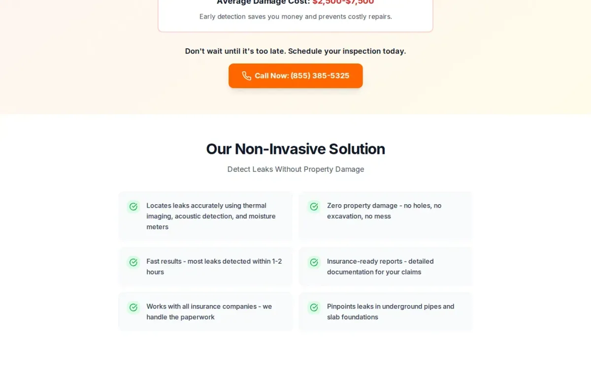 Viewport crop of Total Leak Detection's leak detection service page