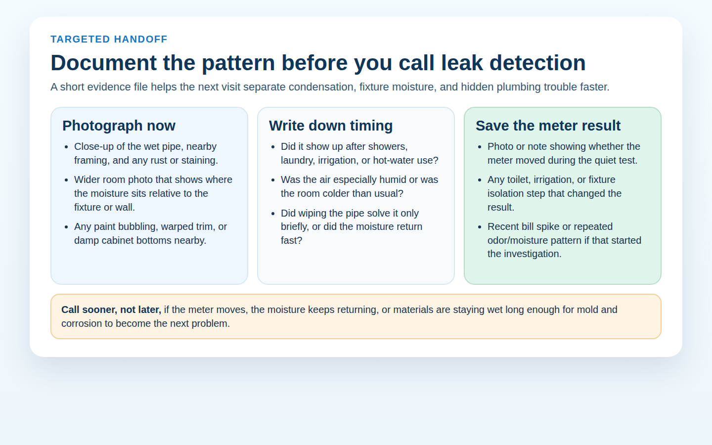Checklist graphic showing what to photograph, note, and save before calling leak detection