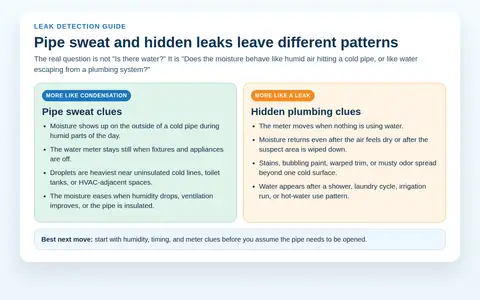 Comparison graphic showing clues that point to pipe condensation versus clues that point to a hidden plumbing leak
