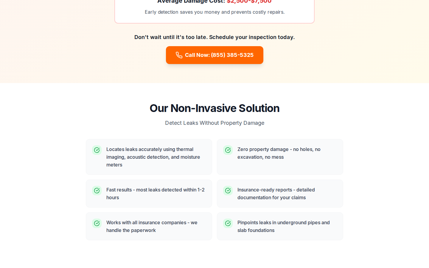 Viewport of Total Leak Detection's leak-detection service page showing non-invasive diagnostic positioning