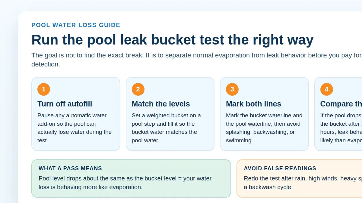 Illustrated pool bucket test setup with a weighted bucket on a pool step and four labeled test steps