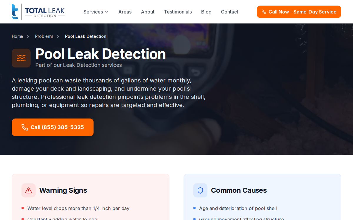 Viewport of Total Leak Detection's pool leak service page hero and warning-signs area