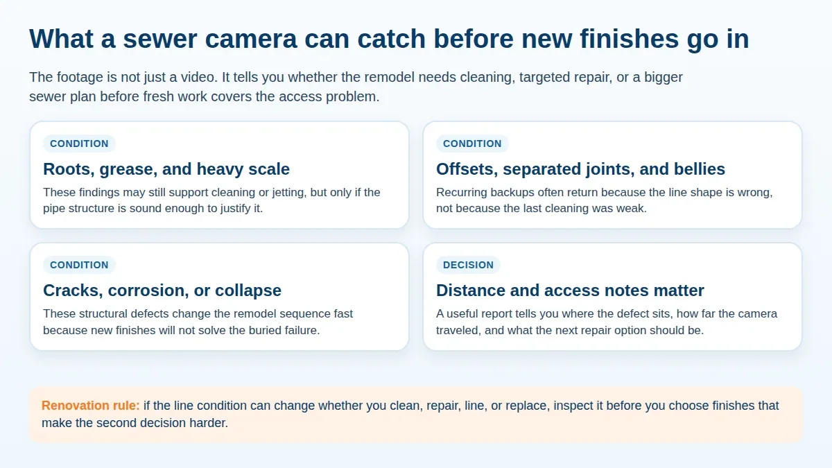 Diagram summarizing roots, offsets, bellies, corrosion, and other pipe conditions a sewer camera can reveal before renovation finishes are installed