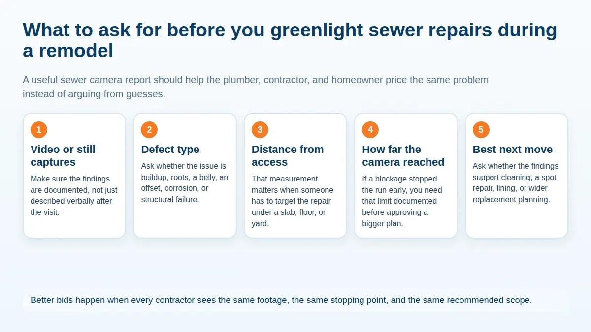 Checklist diagram showing what a sewer camera report should include before sewer repairs are approved during a remodel