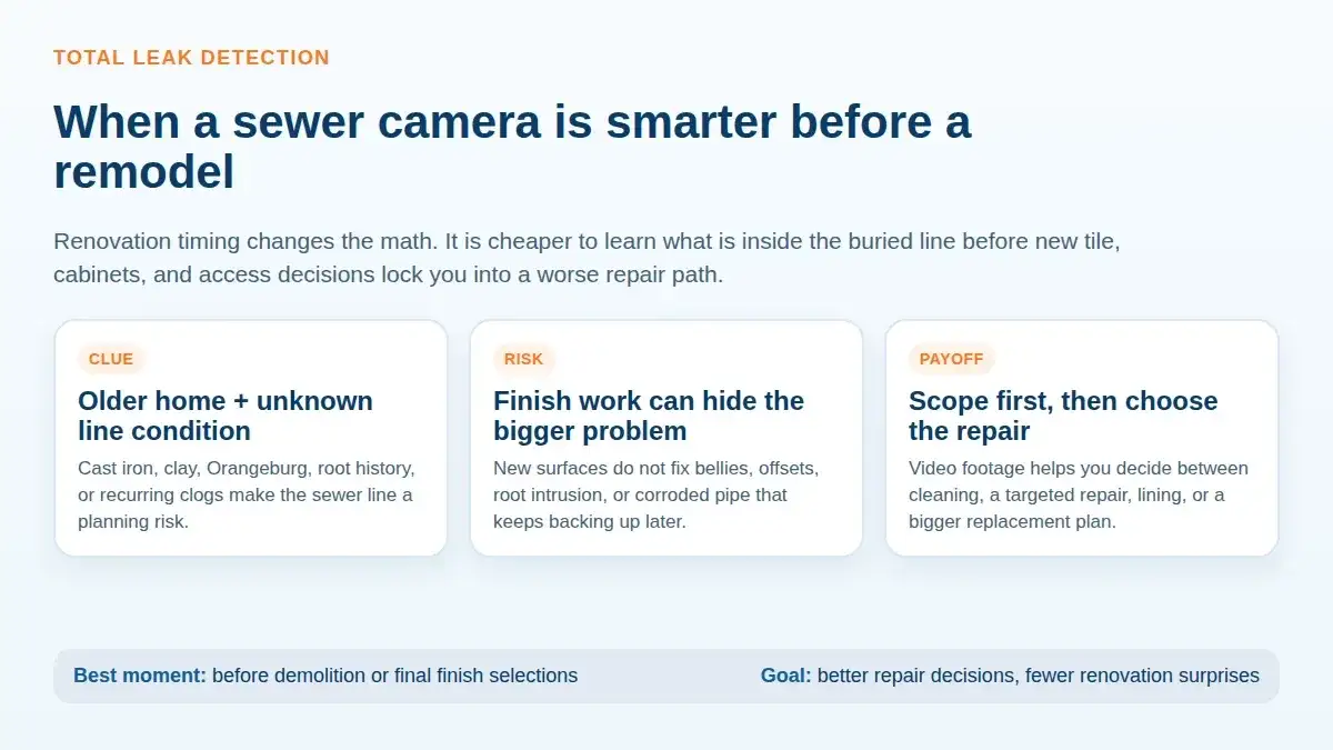 Diagram showing why a sewer camera inspection before renovation can prevent costlier repair decisions in an older Miami home
