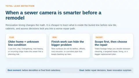 Diagram showing why a sewer camera inspection before renovation can prevent costlier repair decisions in an older Miami home