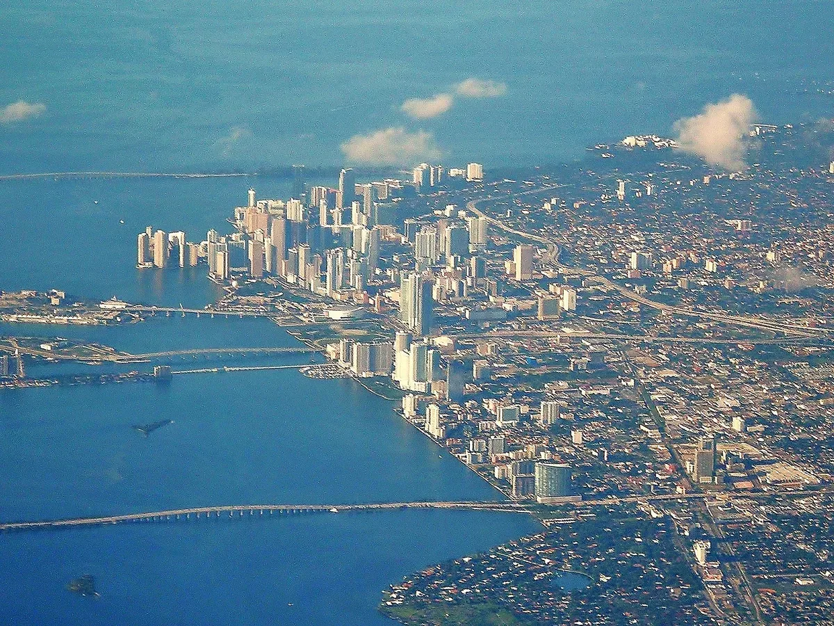 Aerial view of downtown Miami and Biscayne Bay in daylight