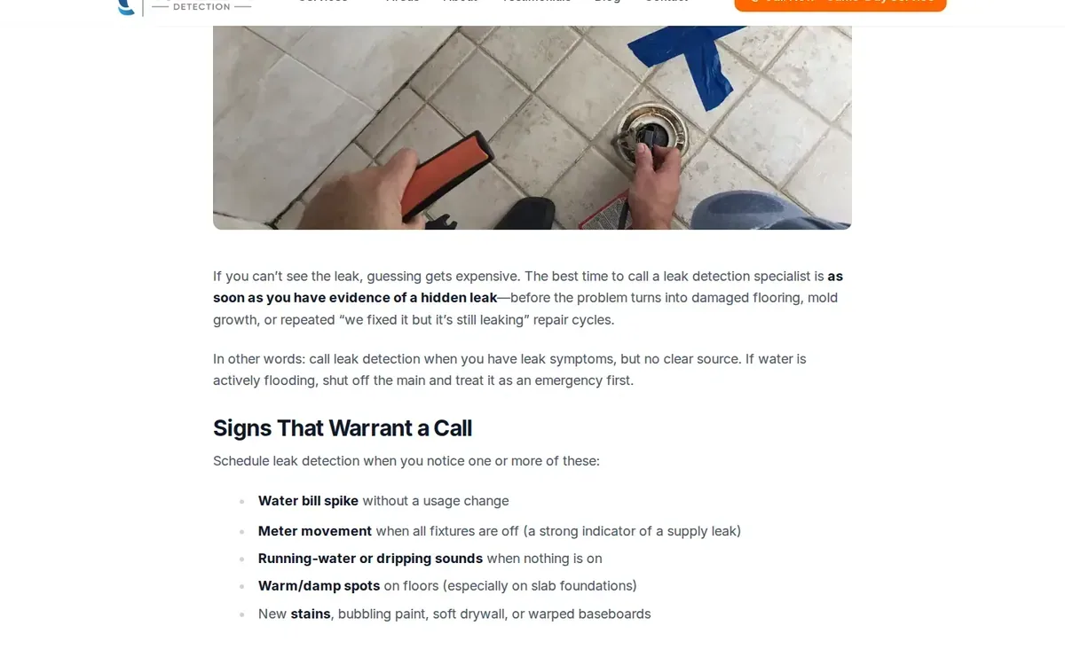 Viewport of Total Leak Detection's article about when to call a leak detection specialist