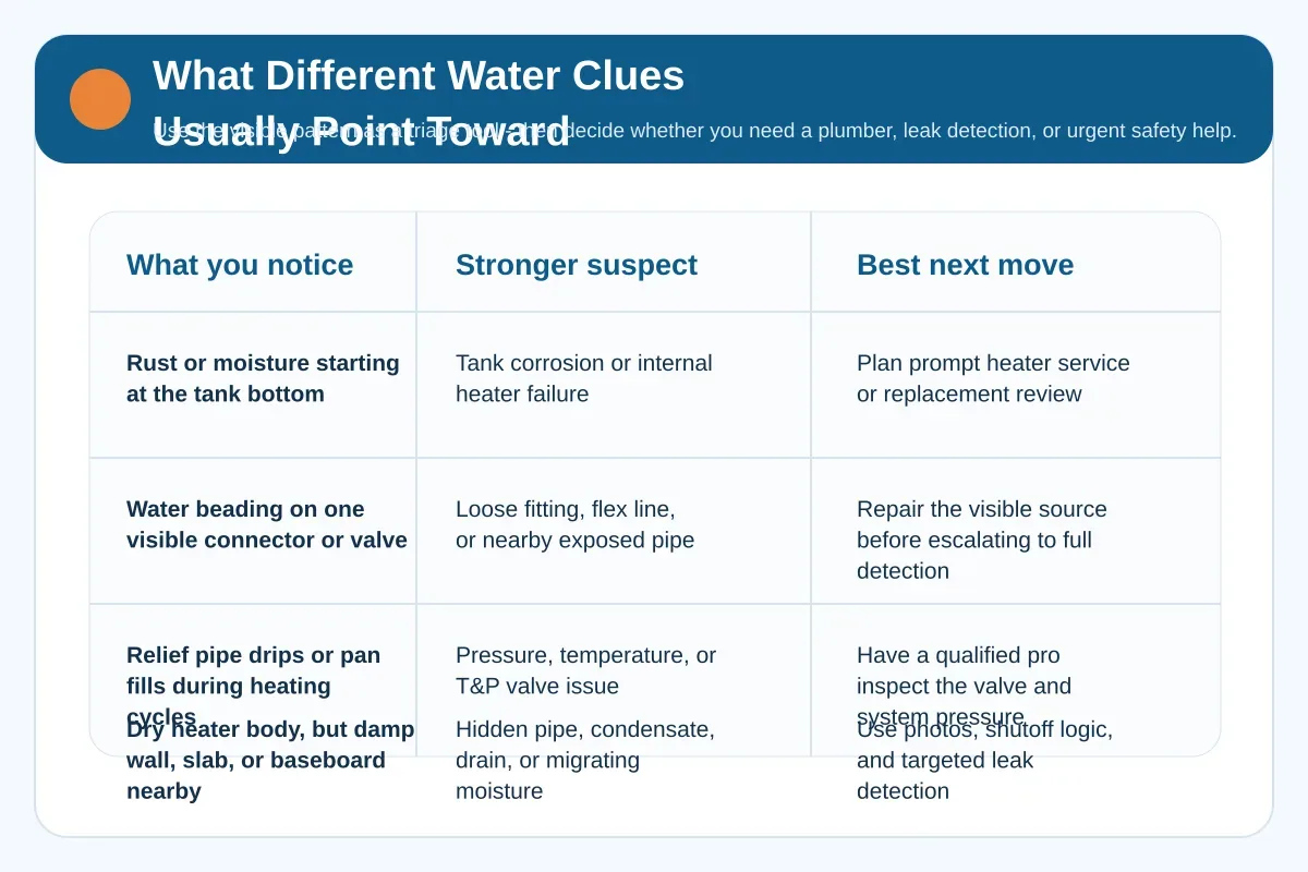 Comparison table showing visible water clues near a heater, the stronger suspect each clue points toward, and the best next move
