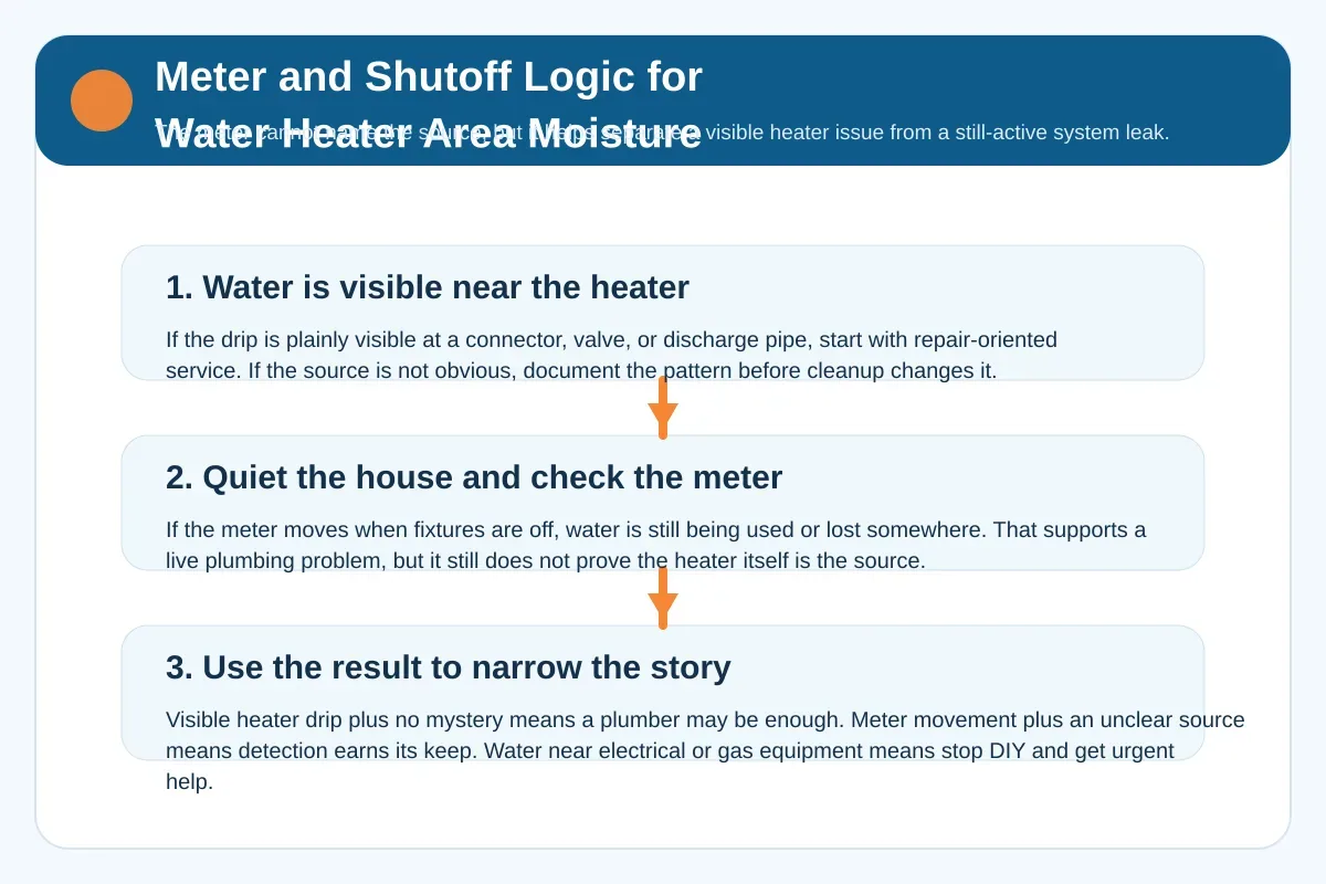 Step graphic showing how visible water, meter behavior, and shutoff results change the next decision near a heater