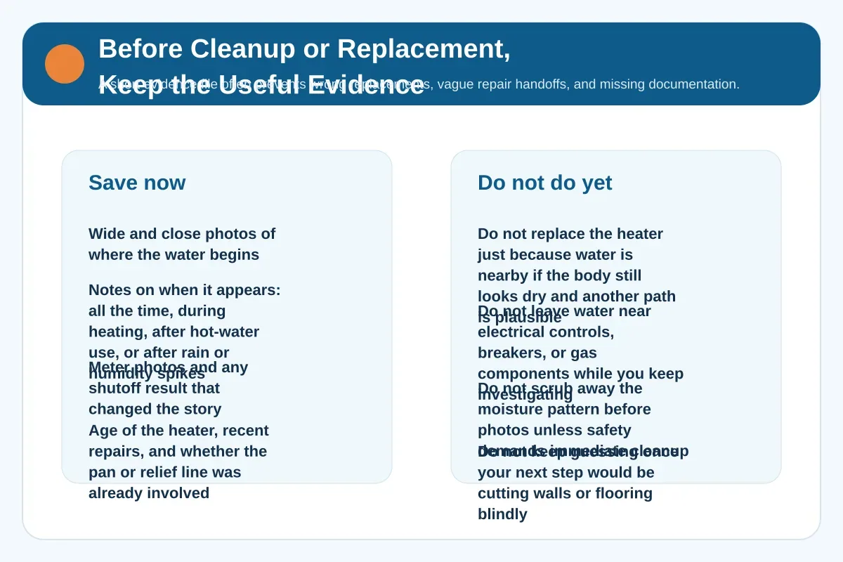 Checklist graphic showing which photos, notes, and context to save before cleanup or replacement changes the scene