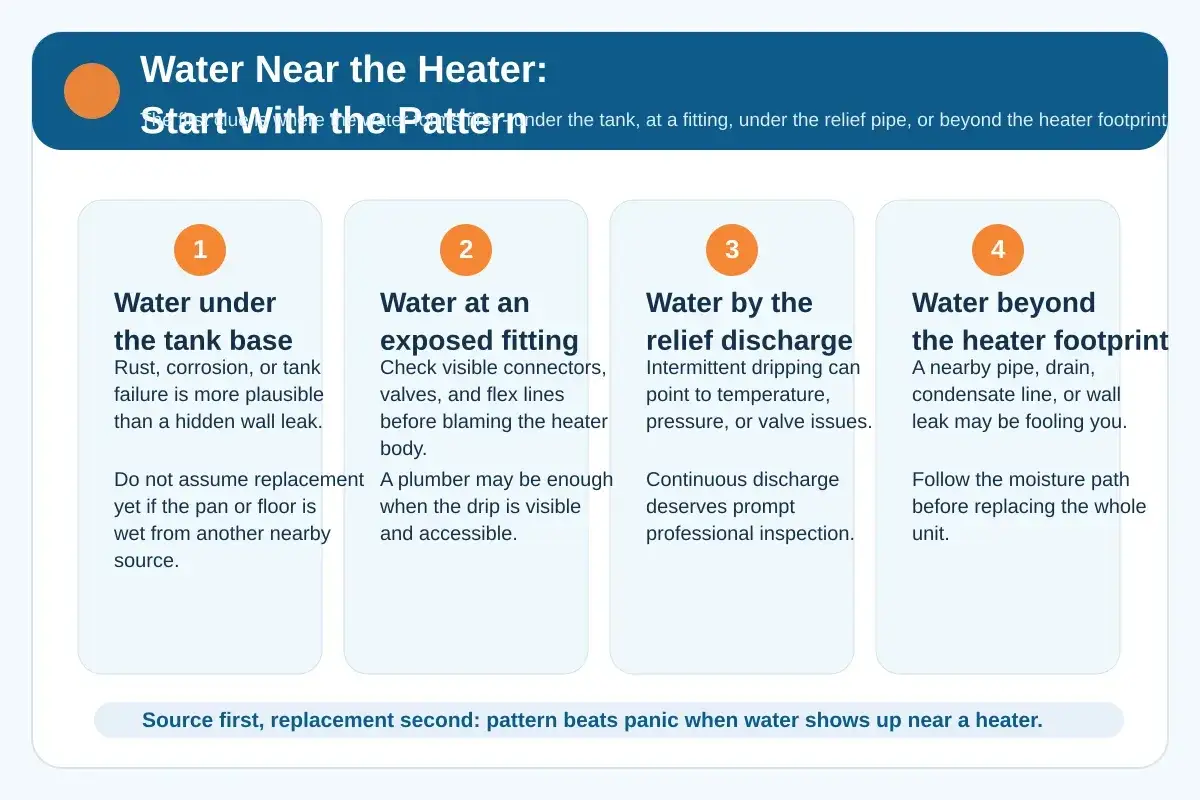 Diagnostic graphic showing four common water patterns near a water heater and what each pattern may point toward