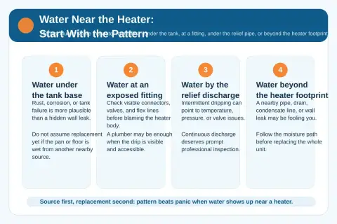 Diagnostic graphic showing four common water patterns near a water heater and what each pattern may point toward