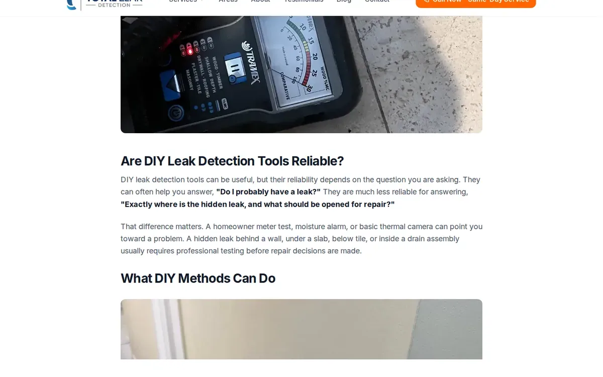 Viewport of Total Leak Detection's DIY leak-detection article discussing the limits of homeowner tools