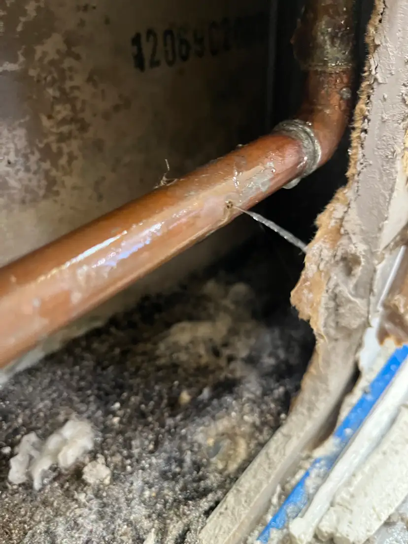 Copper pipe pinhole leak discovered during professional leak detection inspection
