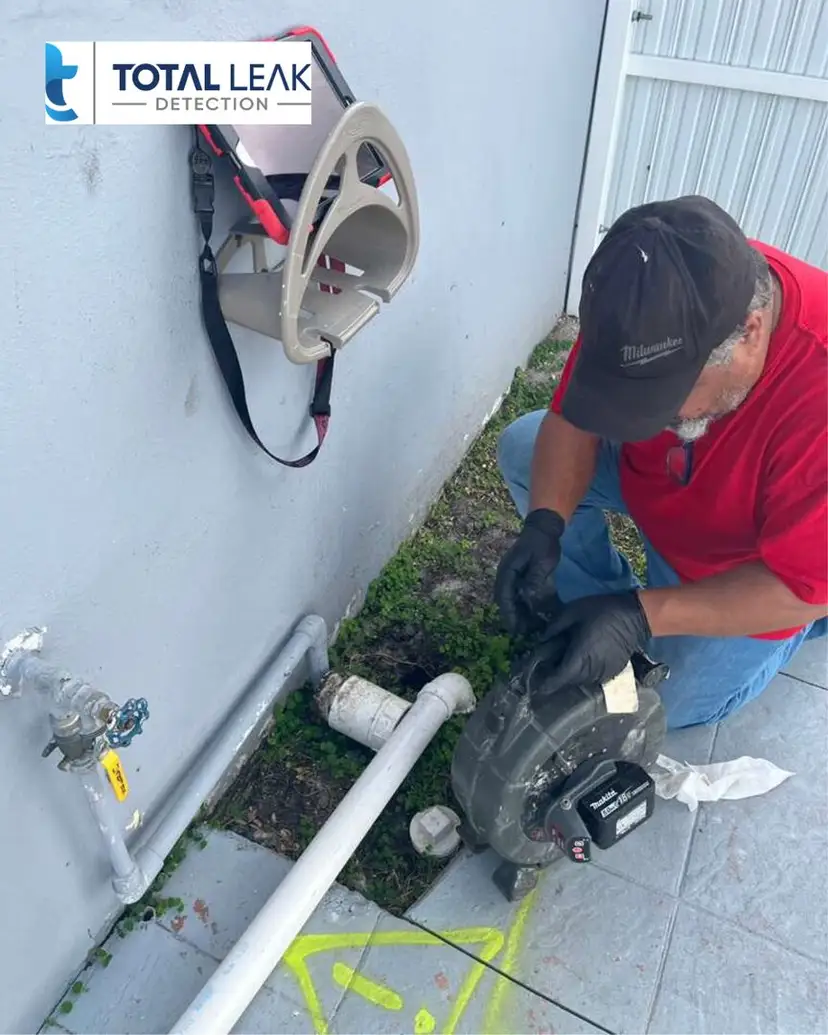 Total Leak Detection camera inspection at an outdoor PVC cleanout.