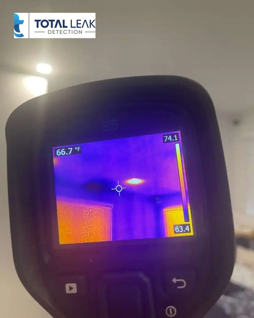 Thermal camera showing a cold spot at a wall-to-ceiling corner.