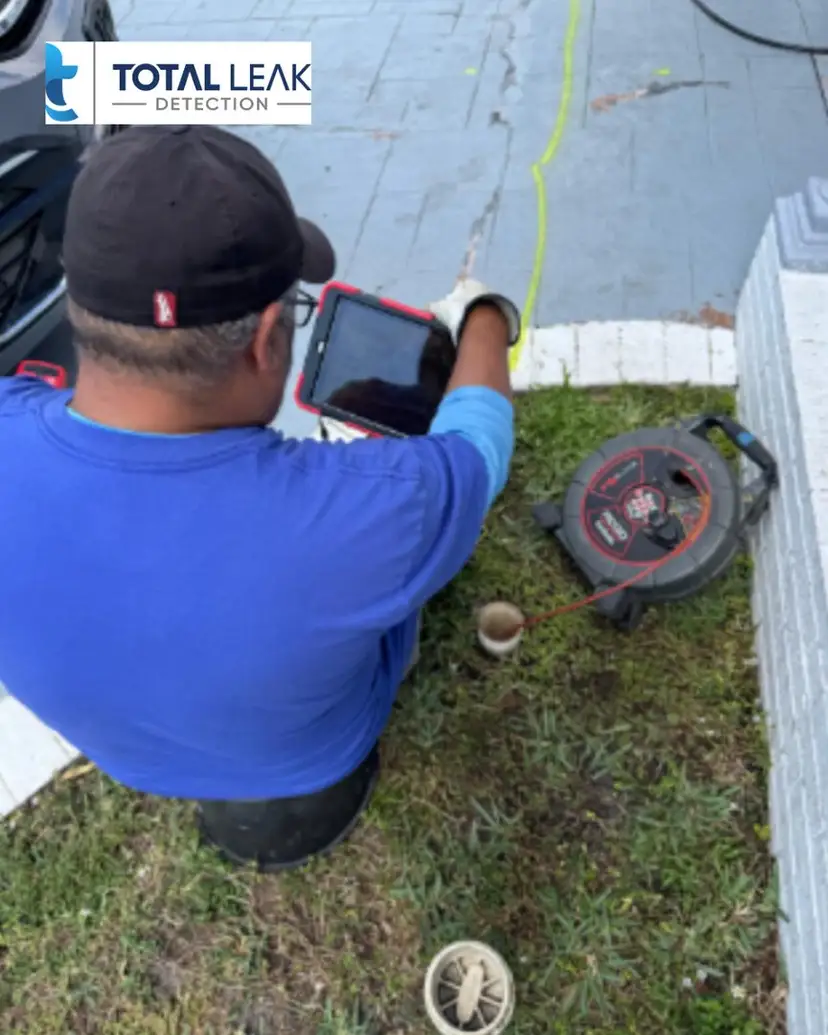Sewer camera inspection at an outdoor cleanout.